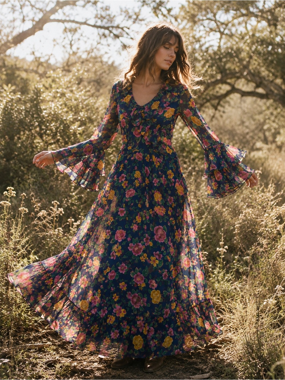Vintage 1970s Handmade Floral Chiffon Maxi Dress